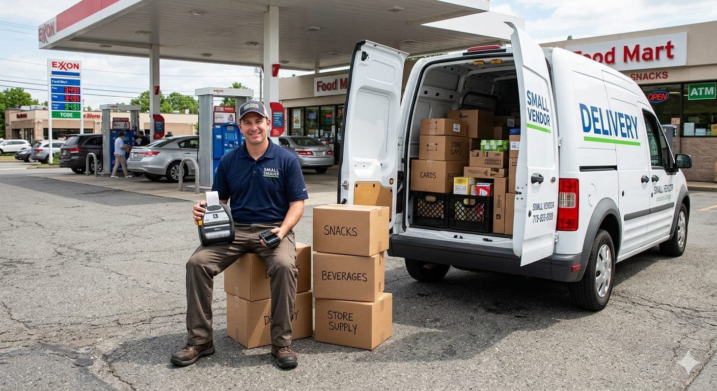 Delivery driver beside a stocked vehicle holding a portable invoice printer.