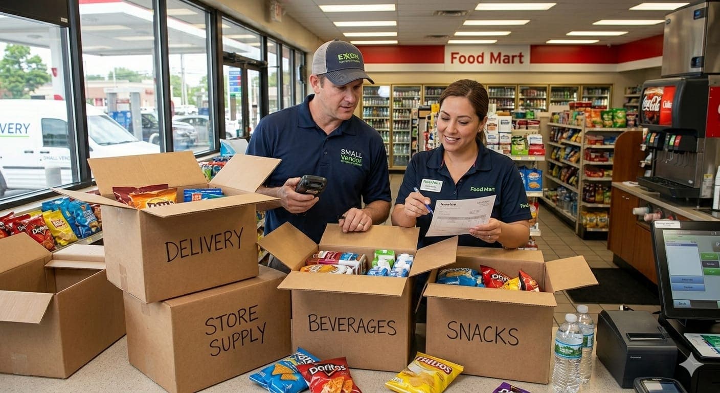 Delivery staff reviewing products and invoice paperwork inside a store.