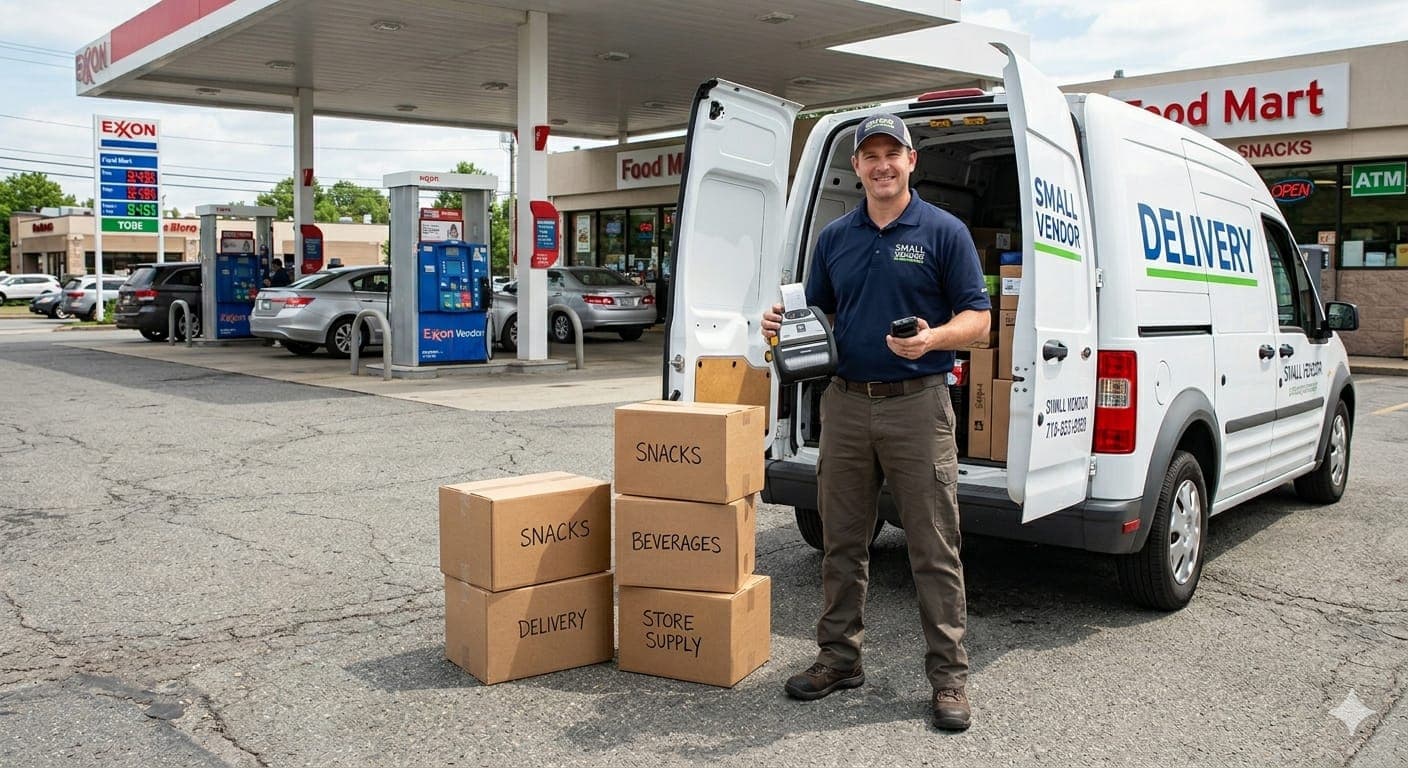 Delivery worker standing beside a vehicle with portable printer and stacked supplies.