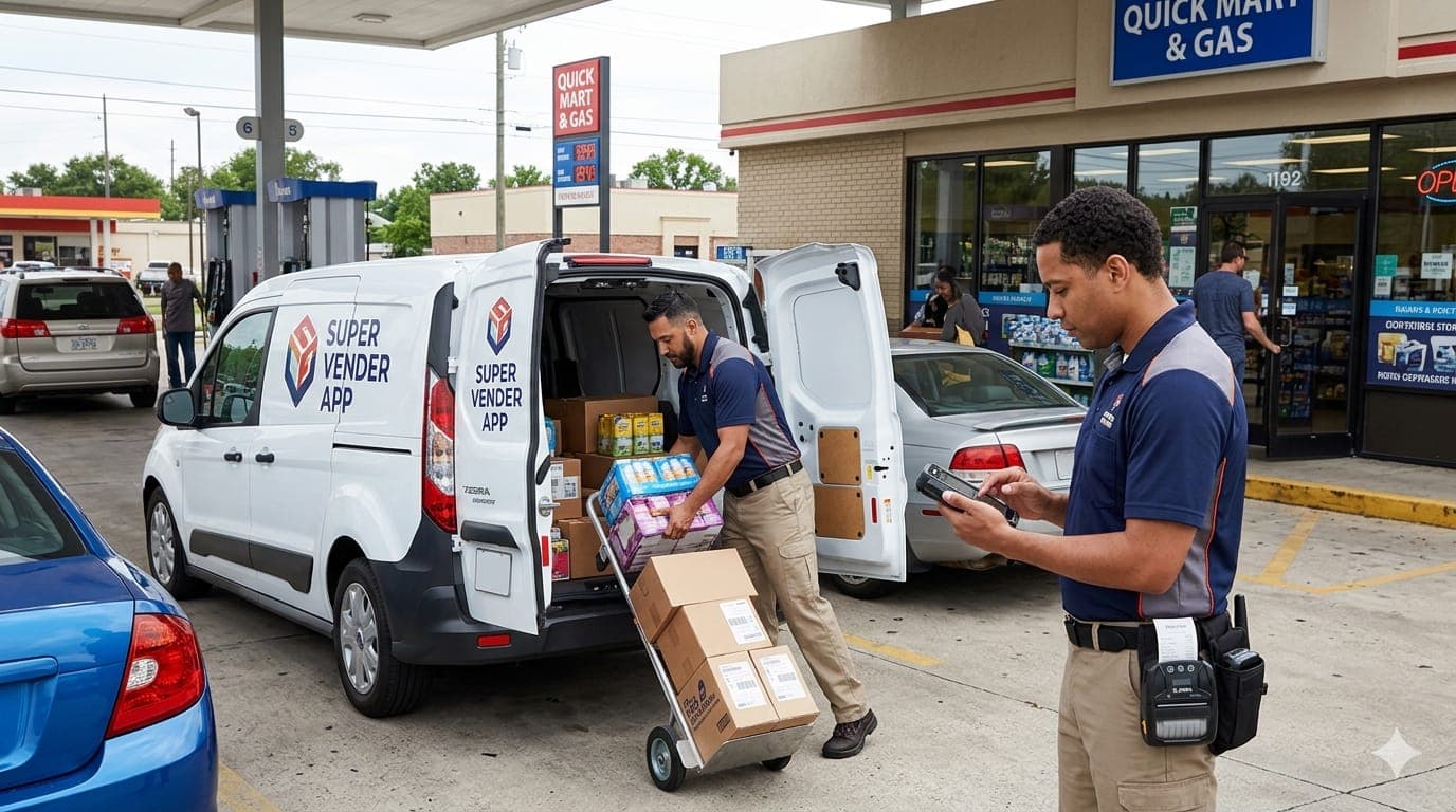 Delivery team unloading a vehicle while another worker updates stock from a handheld device.