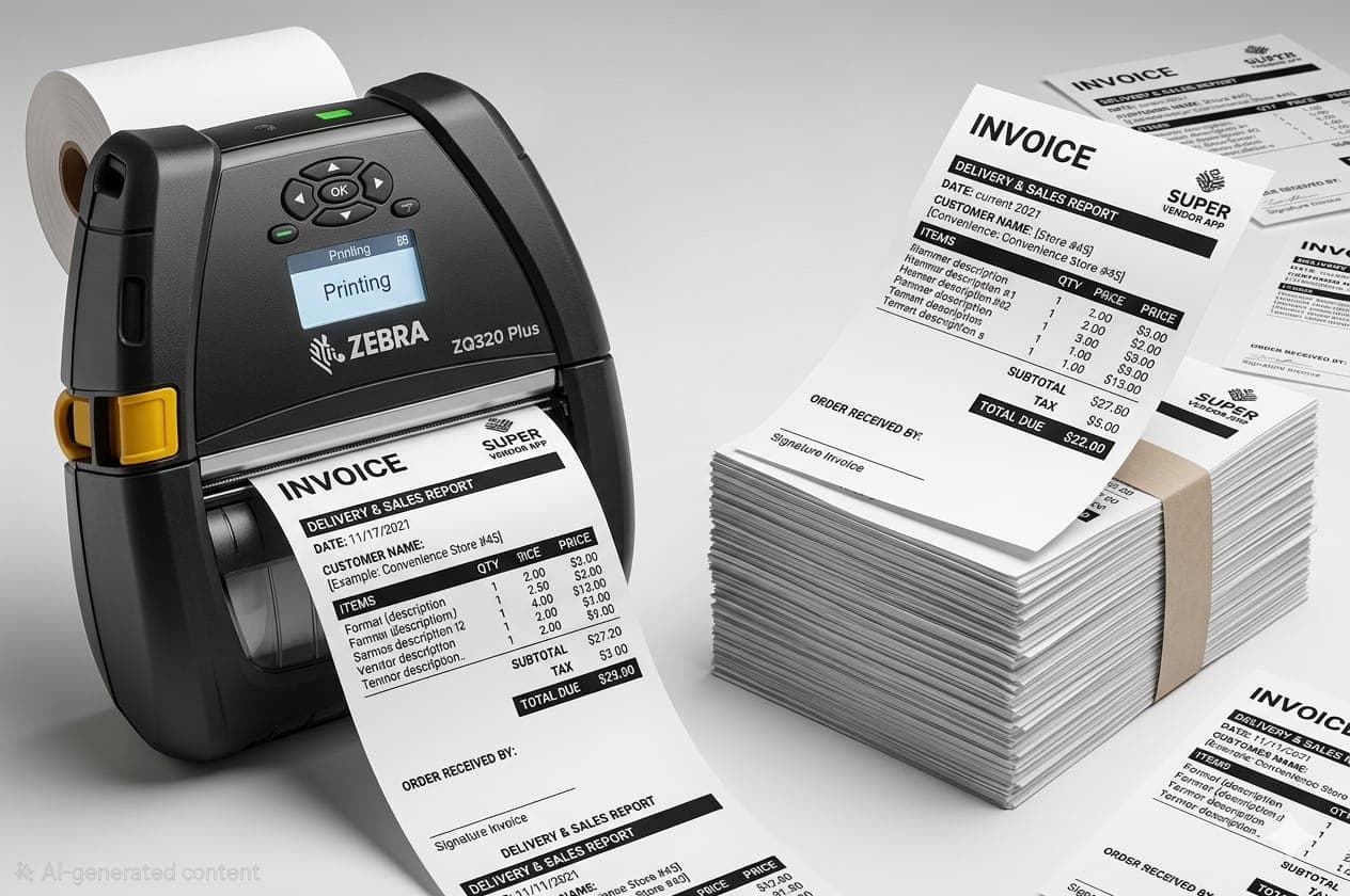 Portable invoice printer producing printed receipts beside a stack of invoices.